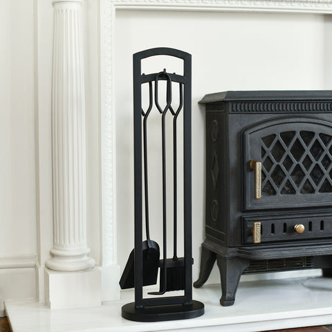 Tall Black Iron Three Piece Fireside Tools Set In Situ 