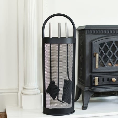 Black and Brushed Steel Contempoary Fireside Tools Set  In Situ