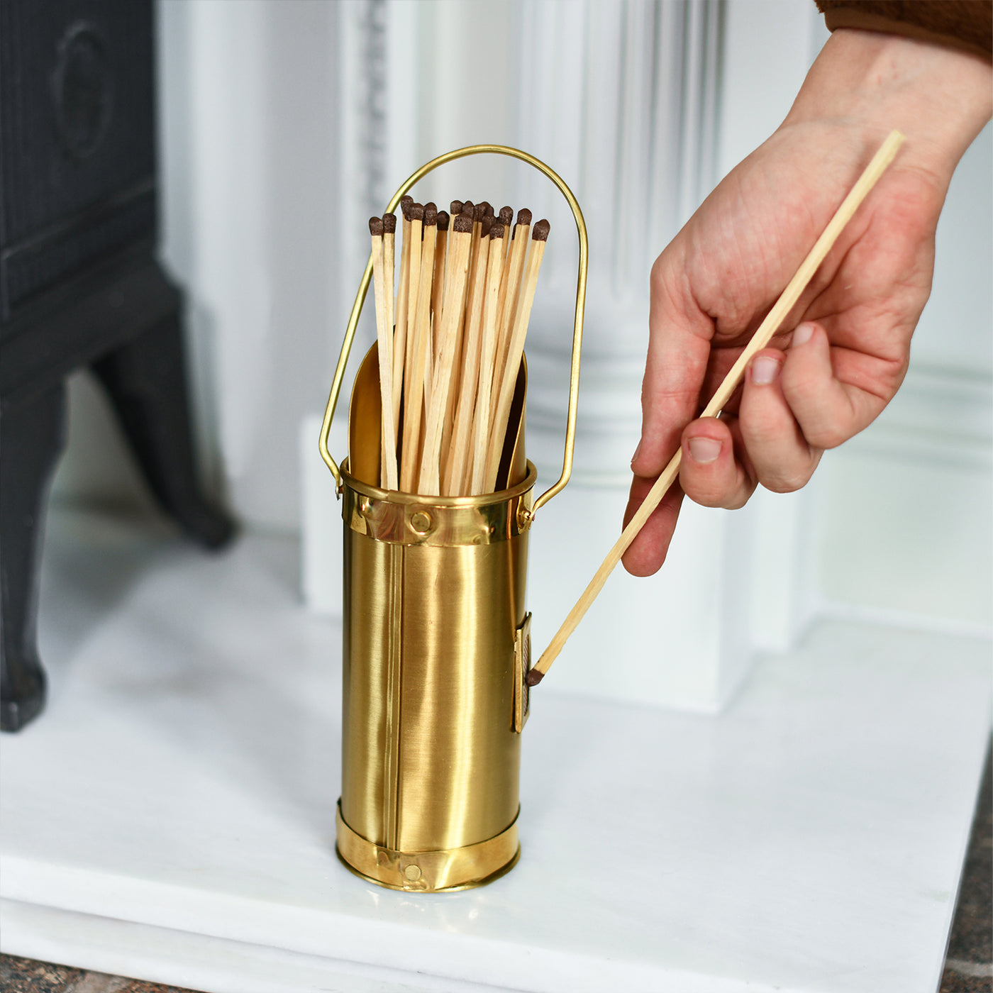 Brushed Brass Matchstick Holder In Situ 