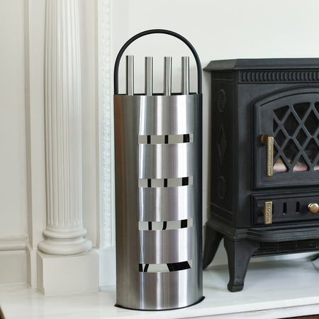 Brushed Steel Contempoary Fireside Tools Set In Situ 