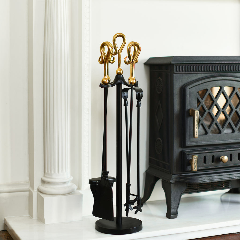 Iron and Polished Brass Fireside Tool Set In Situ 