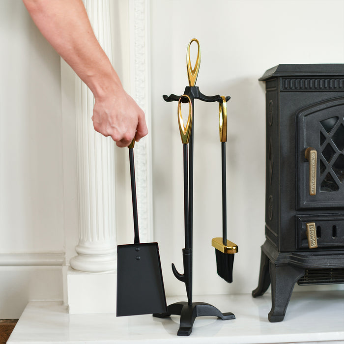 Polished Brass and Black Looped Handles Fireside Tools Set in Situ