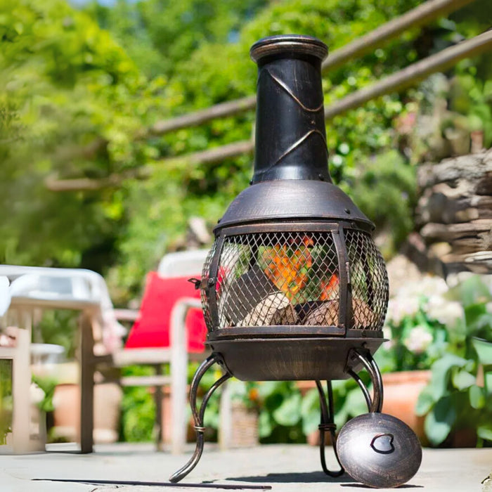 Steel Chimenea in Garden with Fire 