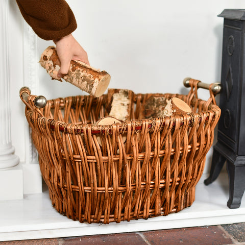 Wicker Log Basket With Hand For Scale