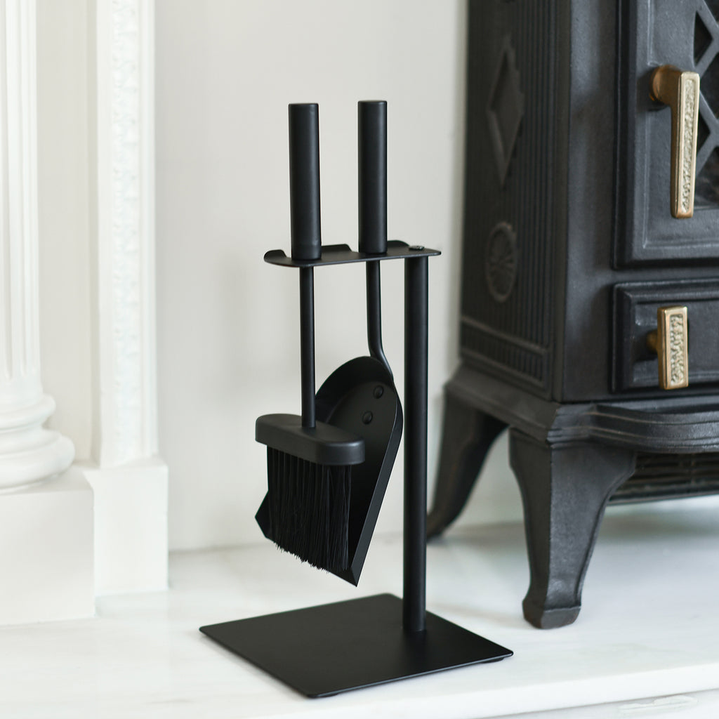 Suspended Fireside Brush and Pan Set With Black Matte Stand In Situ 