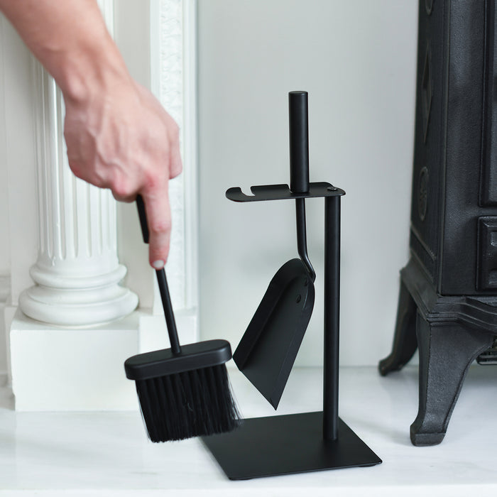 Suspended Fireside Brush and Pan Set With Black Matte Stand In Situ 